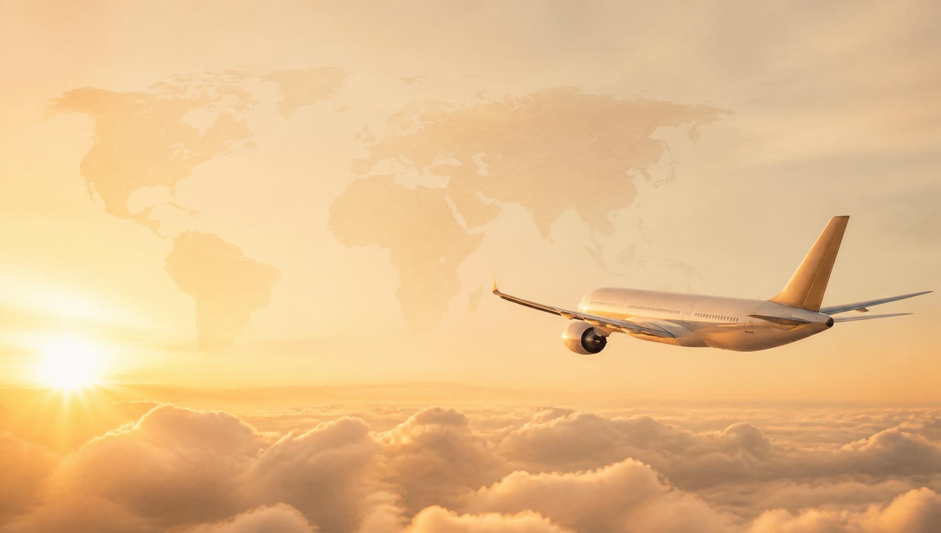Airplane flying over golden clouds at sunset